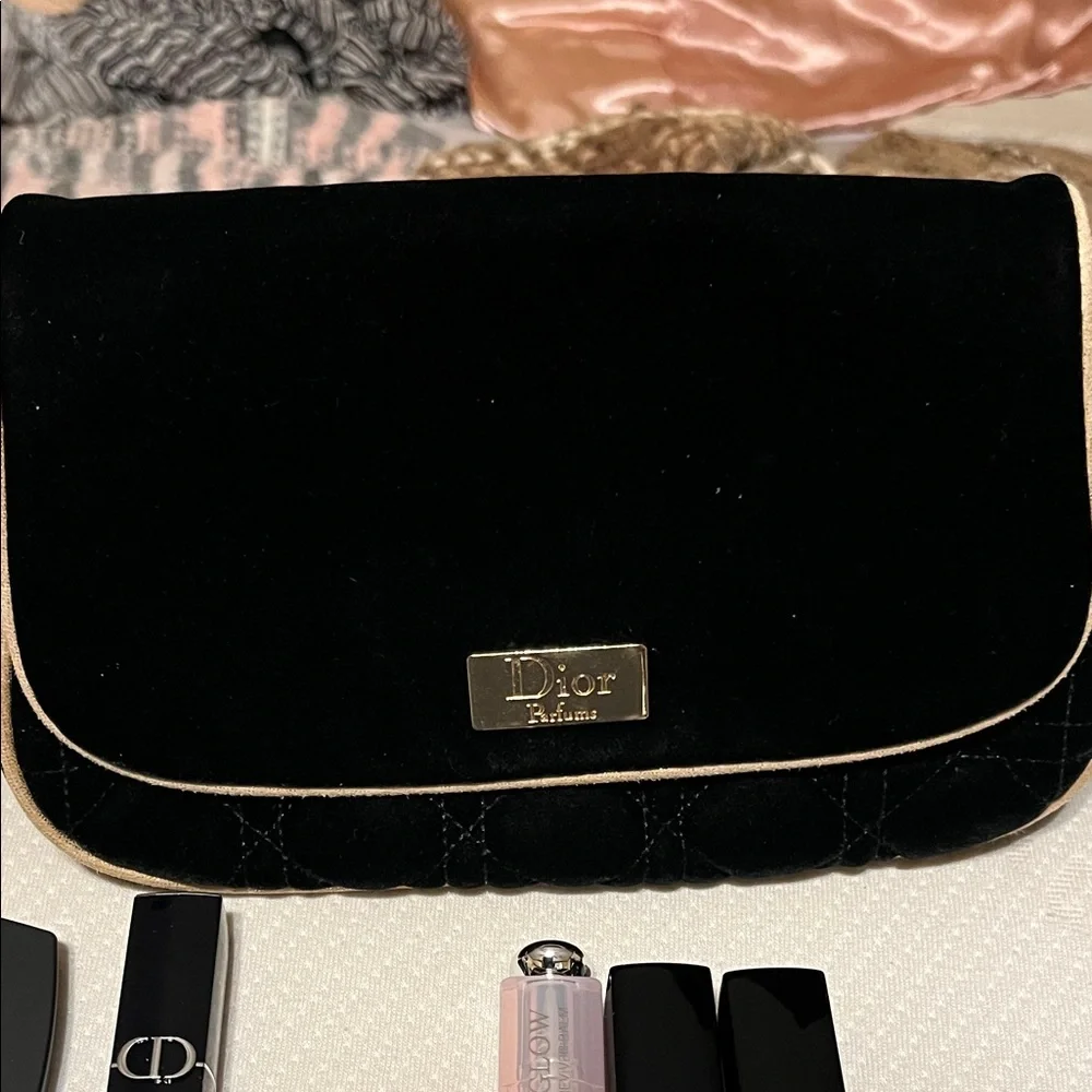 Dior Black Makeup Bag w/gold trim 4 lipsticks 2 eyeliners mirror makeup brush - Picture 2 of 12